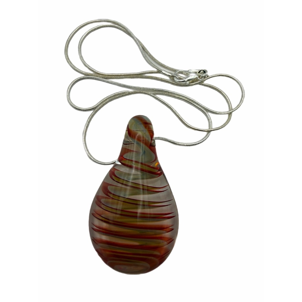 Hand Blown Art Glass Teardrop Pendant Necklace Red Green Swirl Snake Chain